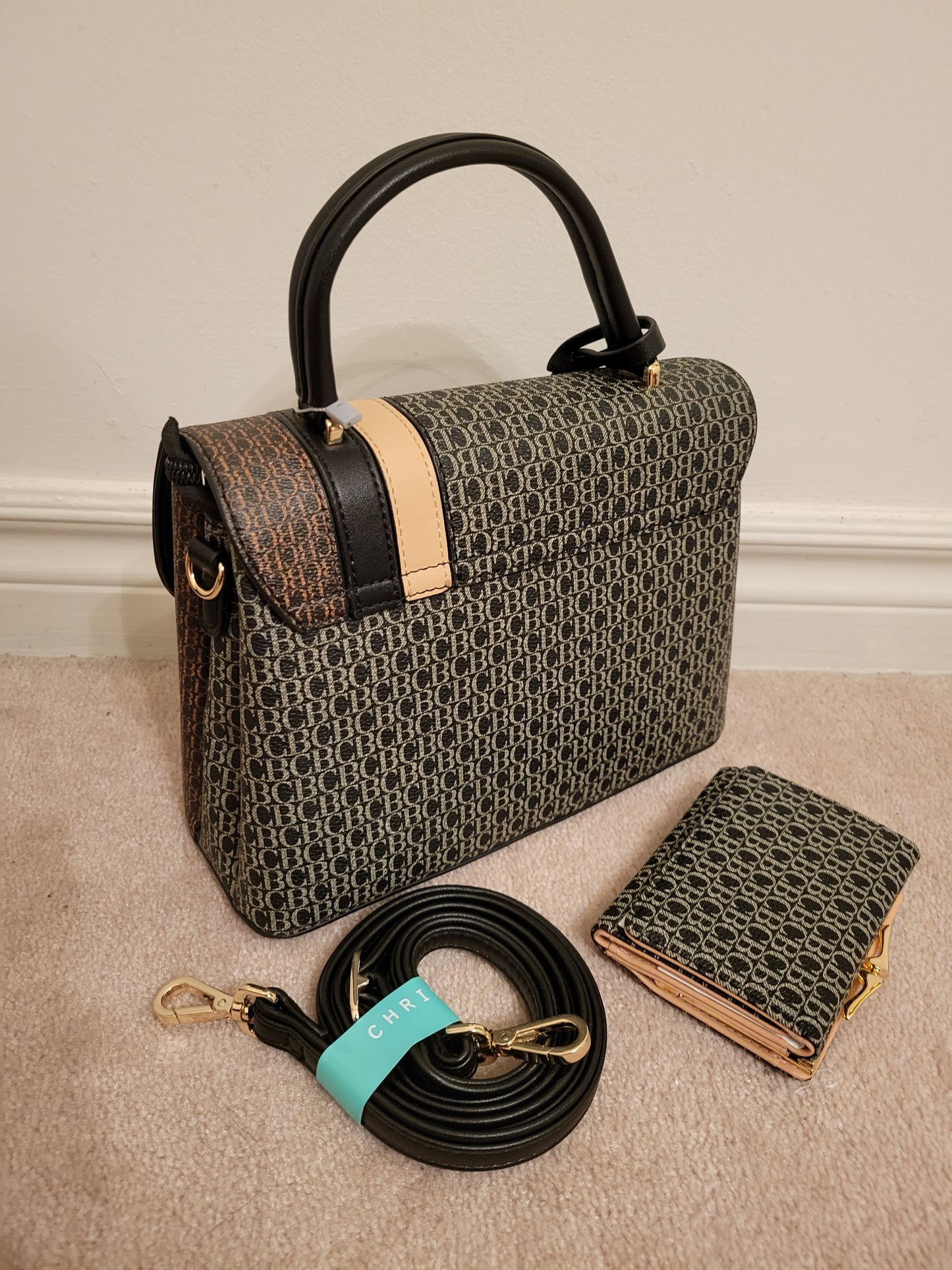 Ladies Triple Compartment with Purse & Handle on Flap Cover CB Printed Pattern Polyurethane Elegant Bag (BlackMulti)