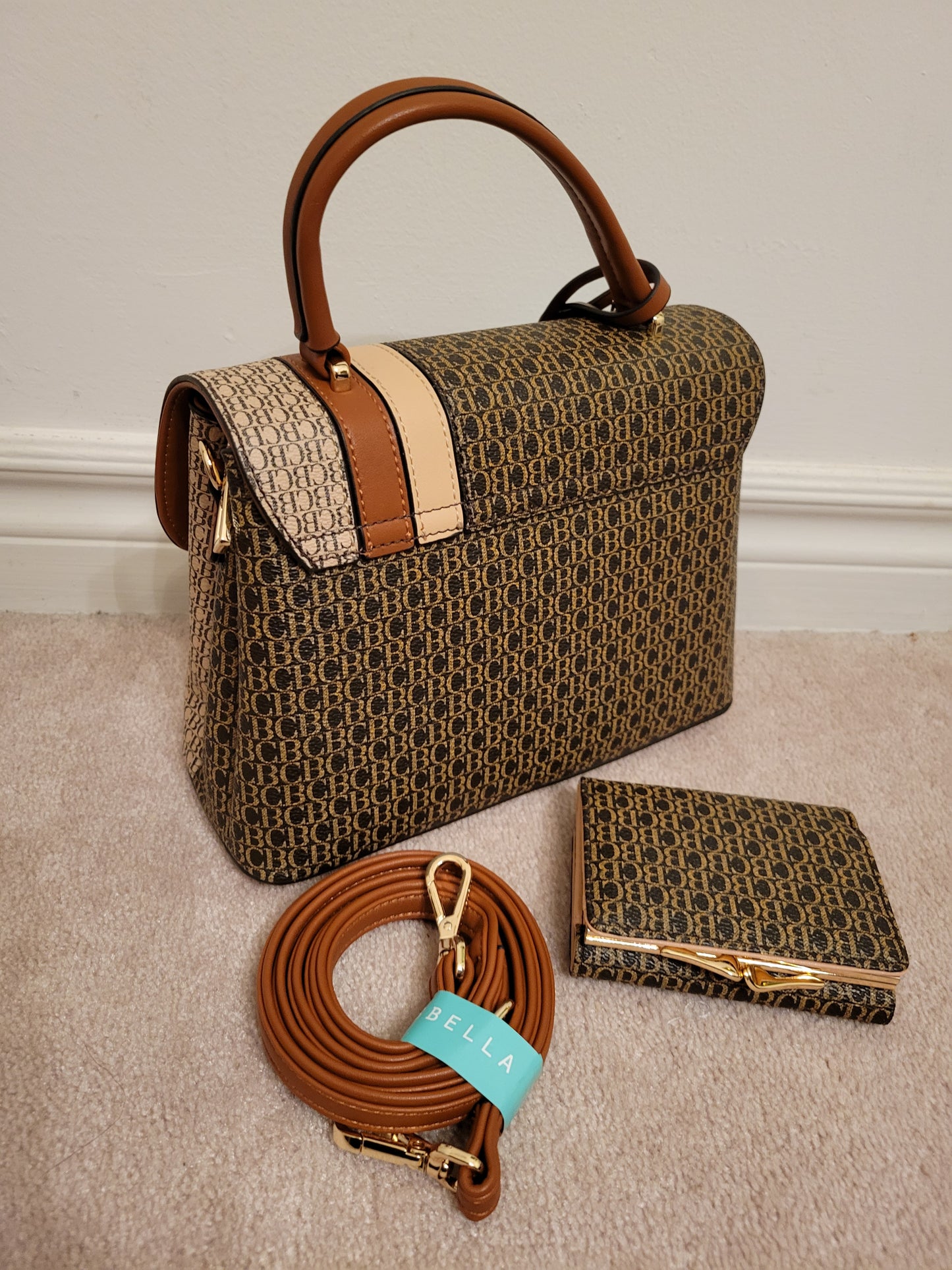 Ladies Triple Compartment with Purse & Handle on Flap Cover CB Printed Pattern Polyurethane Elegant Bag (CoffeeMulti)