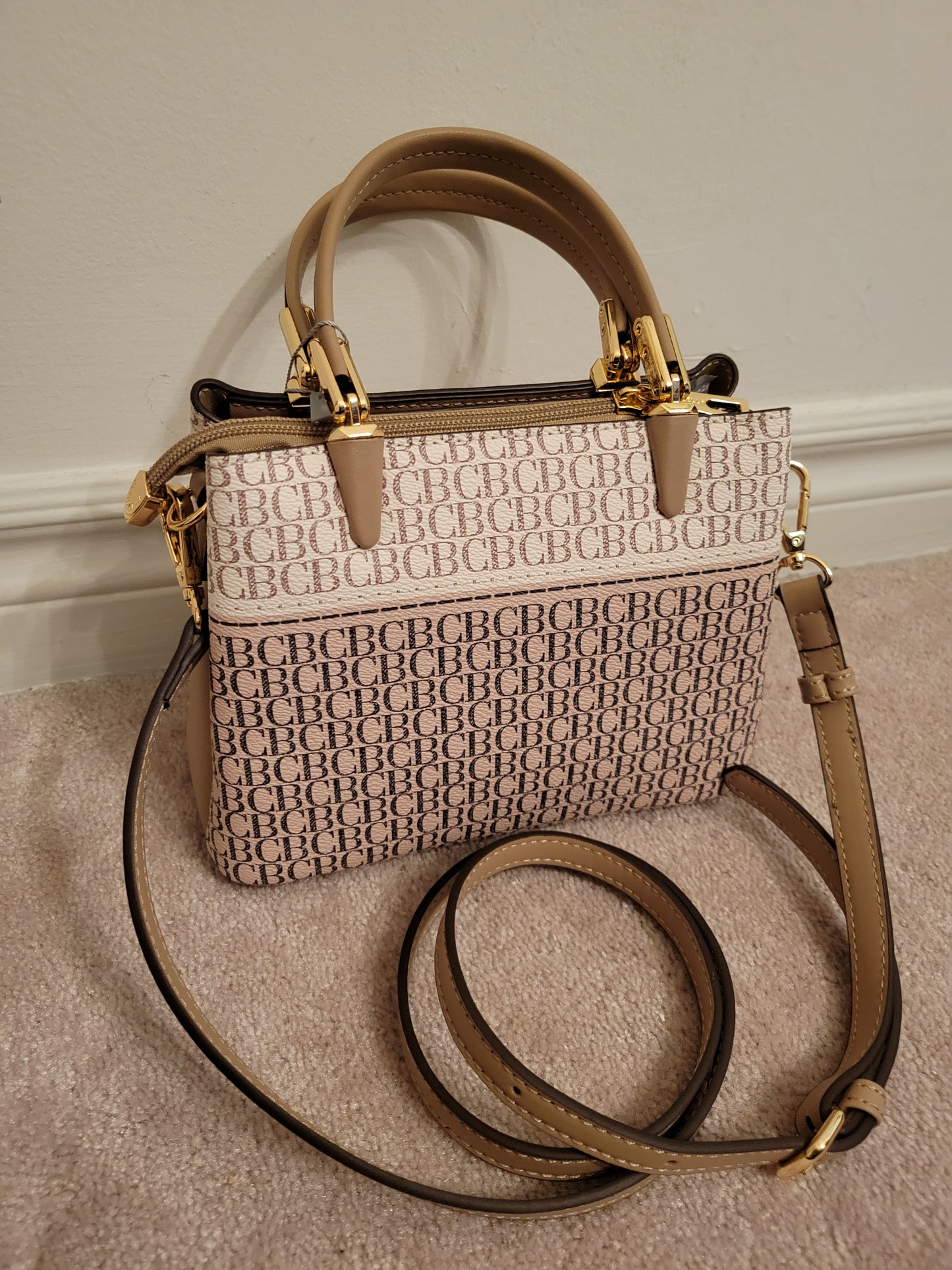 Classy Embossed CB Logo Double Handle Bag: Triple Compartment Polyurethane (BeigeMulti)