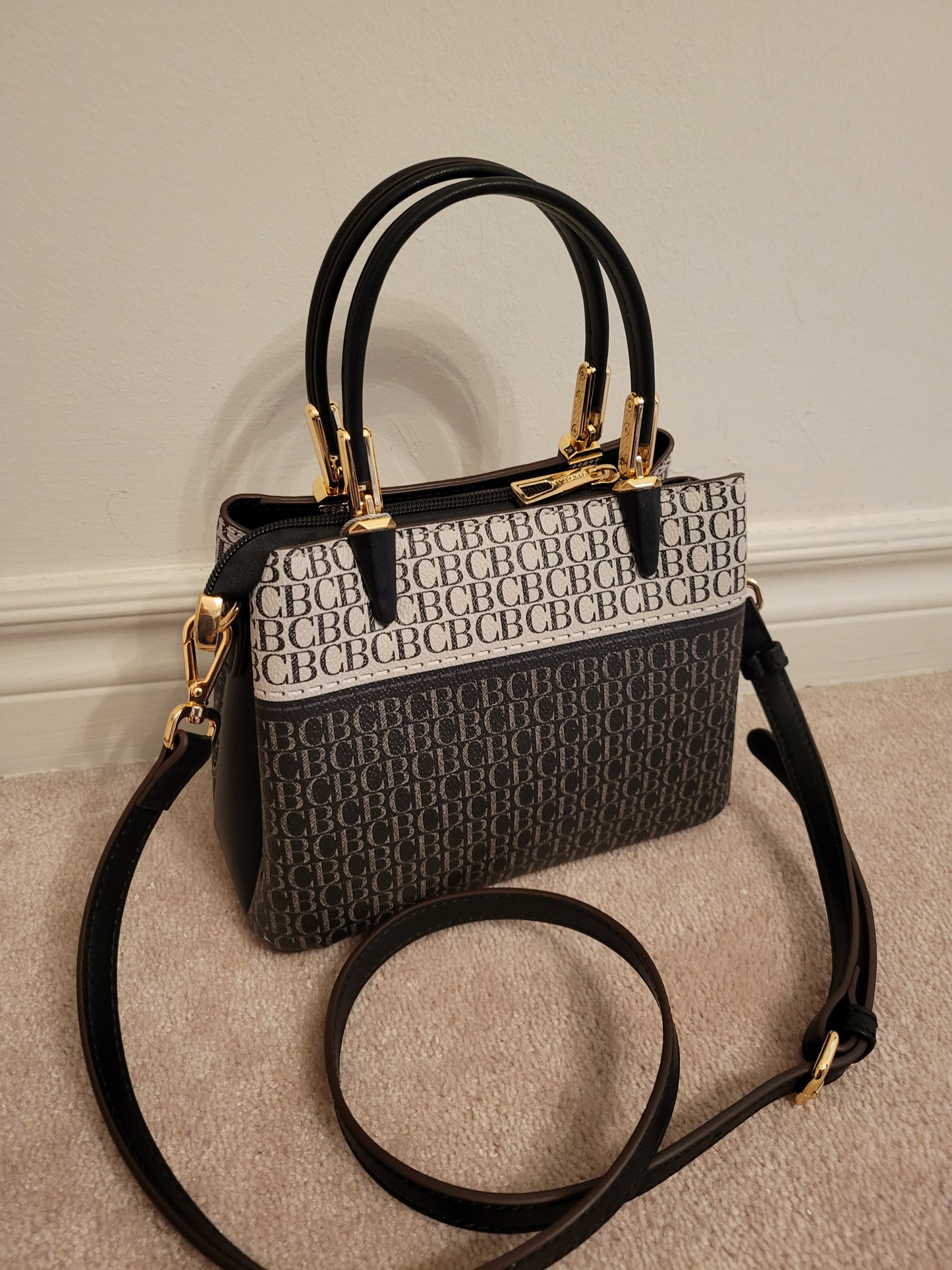 Classy Embossed CB Logo Double Handle bag: Triple Compartment Polyurethane (BlackMulti)