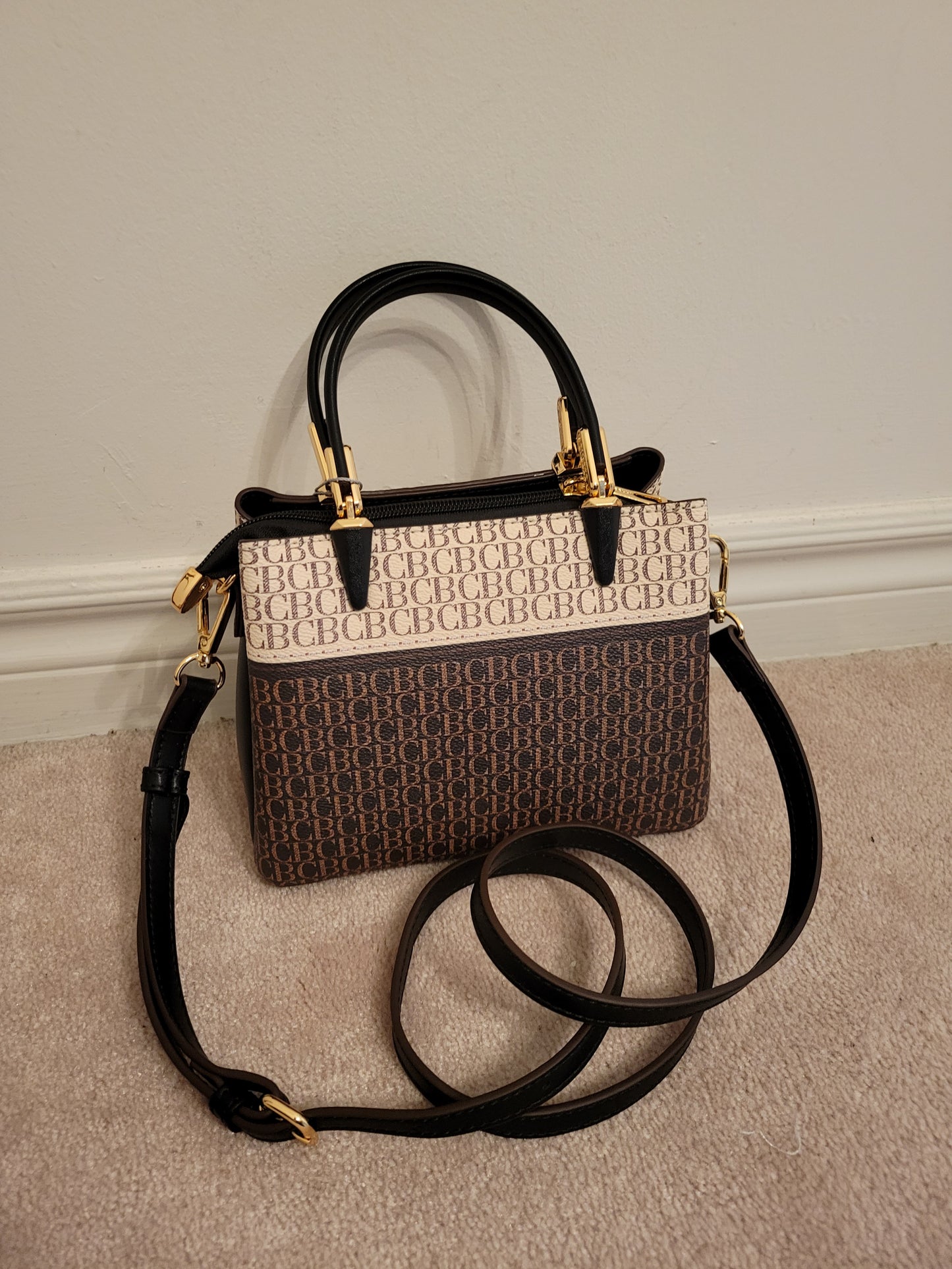 Classy Embossed CB Logo Double Handle bag: Triple Compartment Polyurethane (CoffeeMulti)