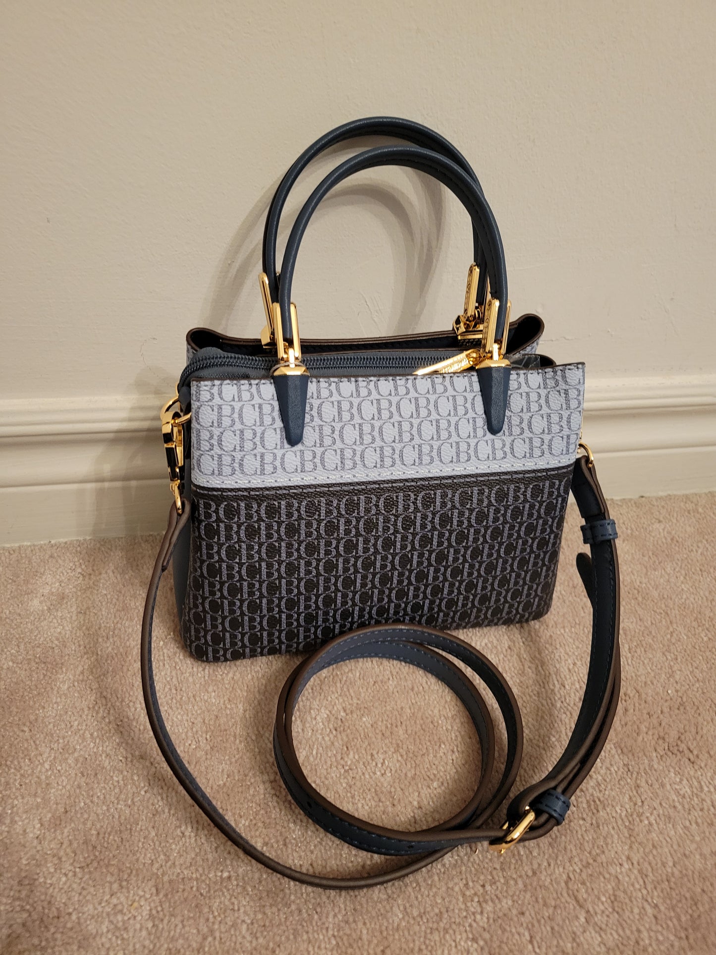 Classy Embossed CB Logo Double Handle Bag: Triple Compartment Polyurethane (NavyMulti)