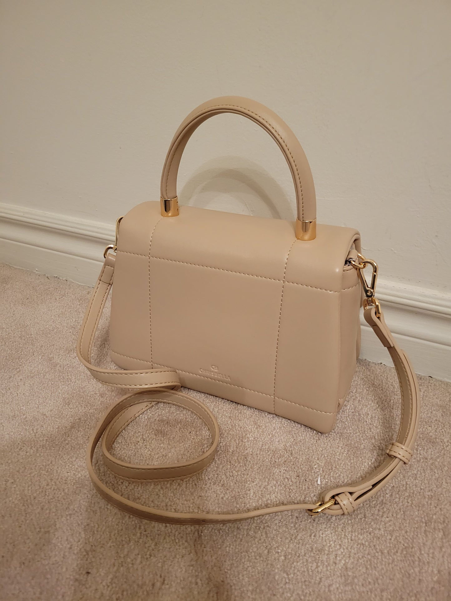 Classy Soft Bag: Triple Compartment Polyurethane with Handle, Flap Cover & Press-Lock (Beige)