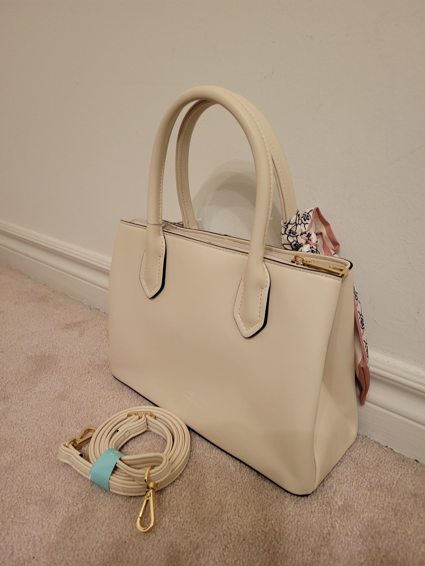 Classy Embroidery Handbag: Double Compartment Polyurethane (Offwhite)